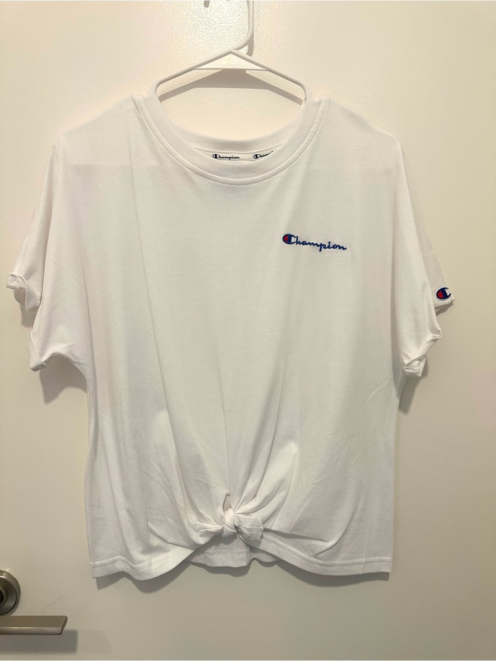 Champion White Short-Sleeve Tee with Front Knot and Script Logo